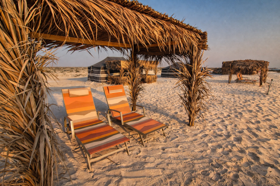 Sun loungers at Ocean Camp Bar Al Hikman Sun loungers at Ocean Camp Bar Al Hikman